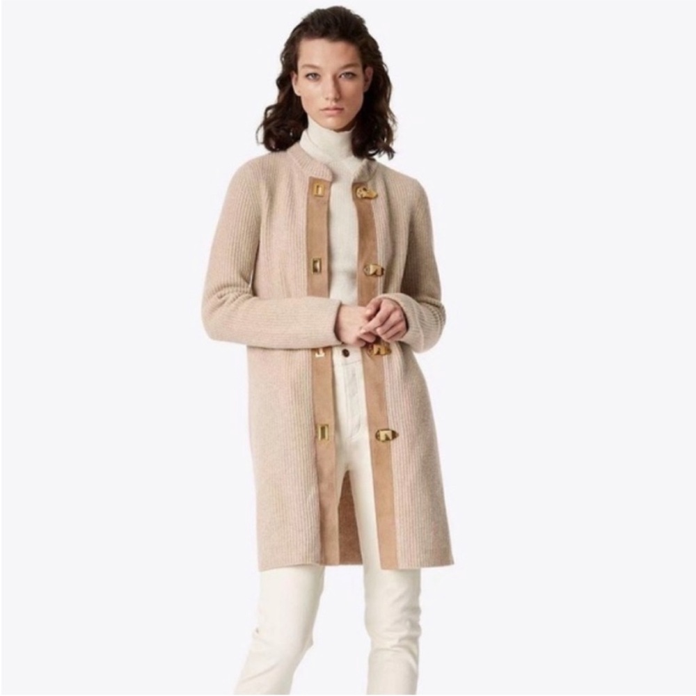 Tory Burch | Tan Rory Tortoiseshell Toggle Longline Sweater Cardigan Coatigan
